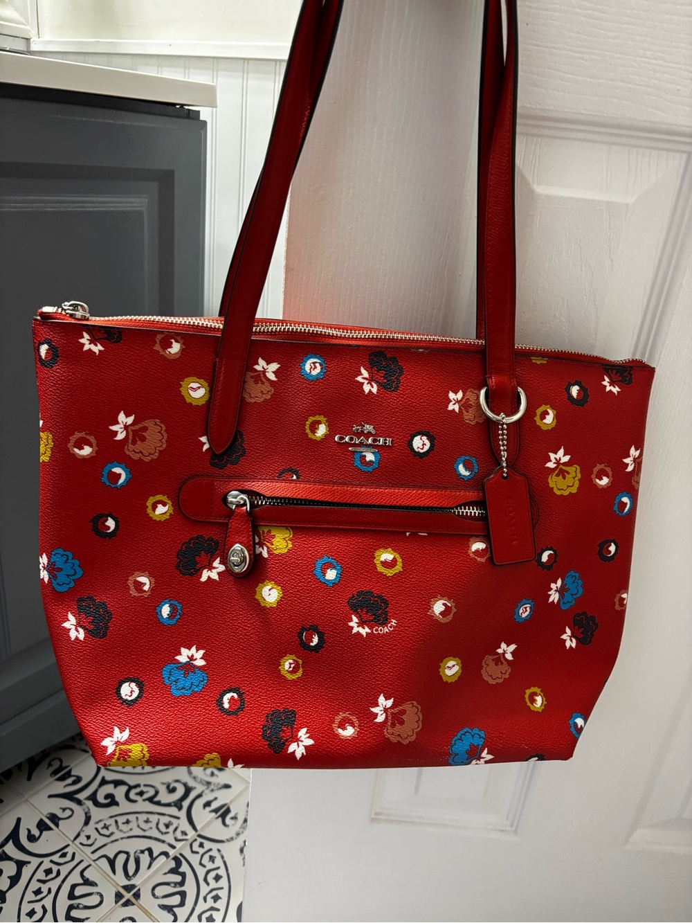 Coach Red / Coral Floral Print Leather Tote with Multicolor Accents
